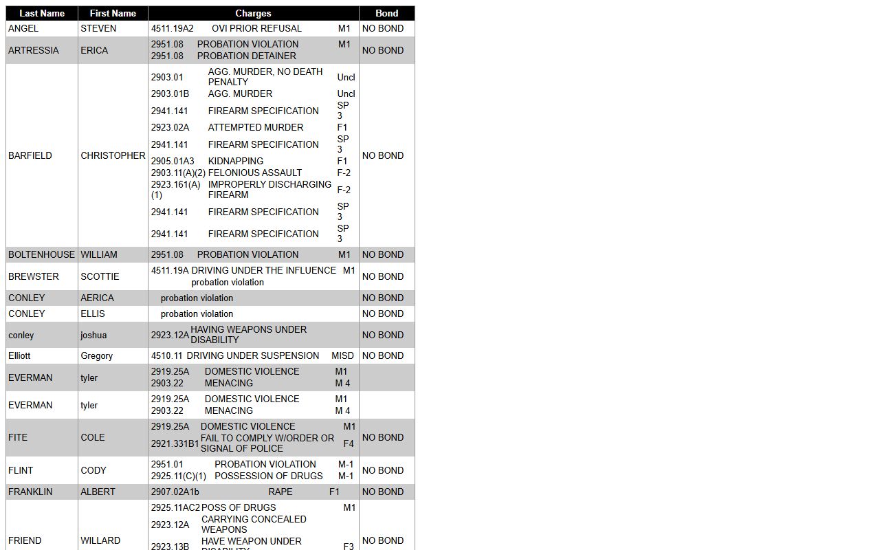 Pike County inmate population roster showing names charges and bond fields